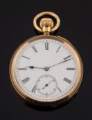 A gentleman's 18ct gold keyless lever open face pocket watch: the circular white enamel dial with