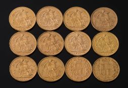 Twelve sovereigns with various dates ranging '1851' to '1913':.