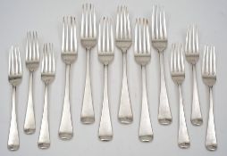 A set of George IV silver Old English table forks, maker Hyam Hyams, London, 1826: initialled,