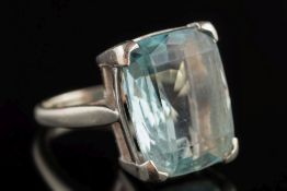 A rectangular aquamarine single-stone ring: the cushion-shaped aquamarine approximately 16.
