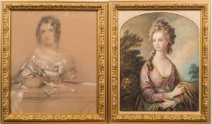 English School Circa 1850- A portrait of a young lady:-, bust-length seated with dark curling hair,