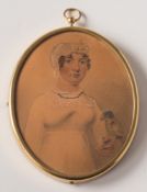 English School early 19th Century- A miniature portrait of a young lady, half-length standing,