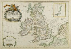 JANVIER, Jean - Les Isles Britanniques : hand coloured decorative map, 45 x 31 cms, gilt frame,