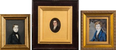 English School Circa 1830- A miniature portrait of a young man:- head and shoulders with brown hair,