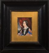 German School mid 19th Century- A miniature portrait of a lady:- bust-length in an interior,
