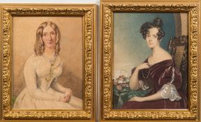 English School Circa 1840- A portrait of a young lady:-, half-length seated arranging flowers,
