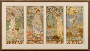 A hand embroidered panel depicting The Four Seasons: worked in coloured silks of greens, blues,