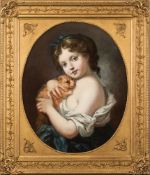 Circle of Jean Baptiste Greuze [19th Century]- My Kitten:- oil on canvas oval, 58 x 47cm.