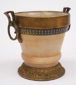 A 19th century marble gilt brass and champleve enamel two-handled vase: of cylindrical tapering