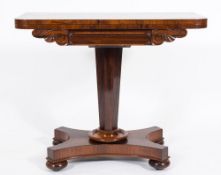 A Victorian rosewood rectangular card table: the baize lined hinged swivel top with rounded corners,