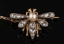A gold, cultured pearl and rose diamond insect brooch: the wings,