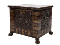 A 19th century Goanese carved hardwood and brass mounted box: with strapwork banding and stellar