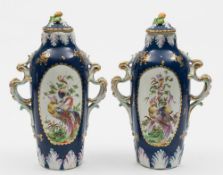 A pair of Bow powder blue ground vases and matched covers: each with elaborate double scroll