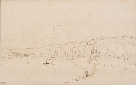 Theodore Rousseau [1812-1867]- River landscape, figures on a bank:- initialled Th.