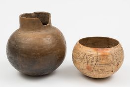 A Mayan pottery bowl and a pottery cooking pot: the thinly potted bowl decorated with an incised