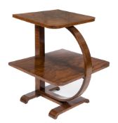 A stylish 1930's walnut veneered two-tier graduated occasional table: with D-shaped support and