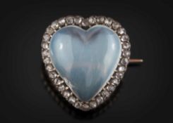 A late 19th century moonstone and diamond heart-shaped brooch: with central heart-shaped moonstone