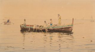 Vicenzo Loria [1849-1939]- Fishermen in Naples Bay:- signed and inscribed V.