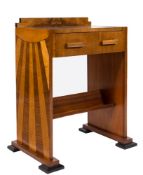 A stylish 1930's walnut veneer bedside table:, the ledge back with an ebonised top,