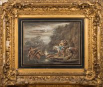 Manner of Jan Wyck, late 18th Century- Night fishing, figures conversing on horseback:,