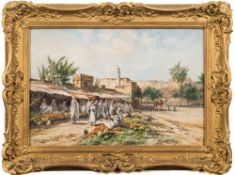 * Robert William Arthur Rouse [1867-1951]- An Arab market:- signed oil on board 29 x 44cm.