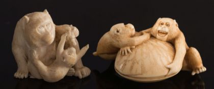 A late 19th century Japanese carved ivory okimono: depicting a monkey with its fingers trapped in a