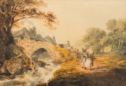 William Payne [1775-1830]- Travellers on a bridge:- signed W Payne bottom left inscribed on a