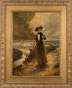 British School 19th Century- Lady salmon fisher:- oil on canvas 59 x 44cm.