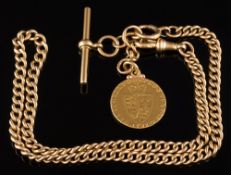 An 18ct gold curb link chain: with attached George III spade guinea, 63gms gross weight.