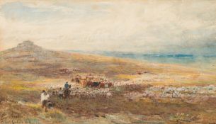 Albert Goodwin [1845-1932]- 'Castor', herdsmen, cattle and sheep in the foreground:- signed,