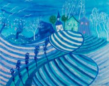 * Lise Brachet [b.1939]- Fields and village on a hill:- signed mixed media 52 x 66cm.