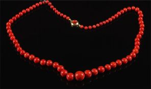 A graduated coral bead single string necklace: the beads graduated from 5mm diameter to 13mm