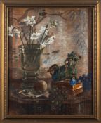 Count Michael Torby [20th Century]- Still life of 'Ming Dog with Daffodils';