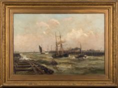 A L Roe [19/20th Century]- The entrance to a busy harbour:- signed oil on canvas 51 x 76cm.
