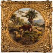 Circle of Joseph Donovan Adam [1842-1896]- Sheep and cattle resting in an upland landscape:- oil on