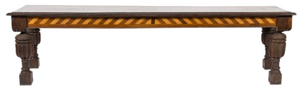 An antique oak and inlaid refectory table:, the rectangular top with a moulded edge,