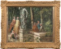 French School late 18th Century- Musicians and fashionable ladies in an ornamental garden with