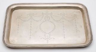 A George V silver tray, maker unknown, Chester, 1916: of rectangular outline with ribbon,