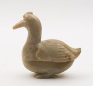 A Chinese carved jade model of a duck: in two parts with carved feather decoration, 13cm.