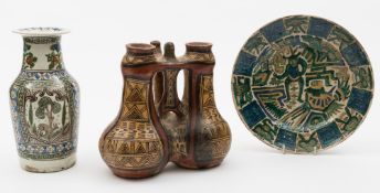 A Qajar vase, a similar dish and a North African double flask: the vase and dish with figural,