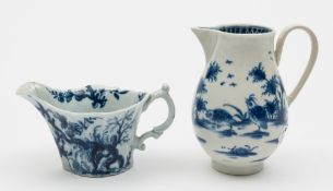 An early Worcester blue and white creamboat and a Worcester 'sparrow-beak' jug: the creamboat of