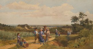 John Absolon [1815-1895]- Country folk returning from market:- signed bottom left watercolour 31 x