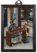 A Chinese reverse painting on glass: depicting a courtesan and attendant playing a game within an