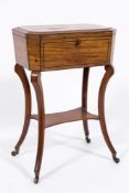 A Regency mahogany and inlaid teapoy of sarcophagus shape:, bordered with ebonised lines,
