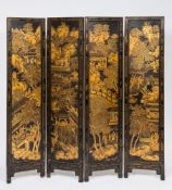 A 19th century Chinese export black lacquer four fold screen:,