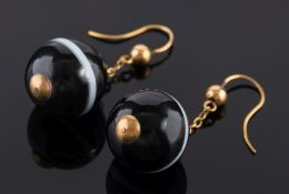 A pair of spherical banded agate single-stone drop earrings: each banded agate approximately 14.