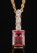 A 9ct gold, diamond and rectangular gem-set pendant on fine-link chain:.