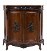 A 19th century French rosewood carved serpentine fronted side cabinet: surmounted by a panel of