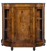 A Victorian walnut, inlaid and gilt metal mounted breakfront credenza:,
