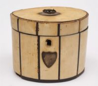 A Regency period ivory and tortoiseshell strung tea caddy: of oval outline,
